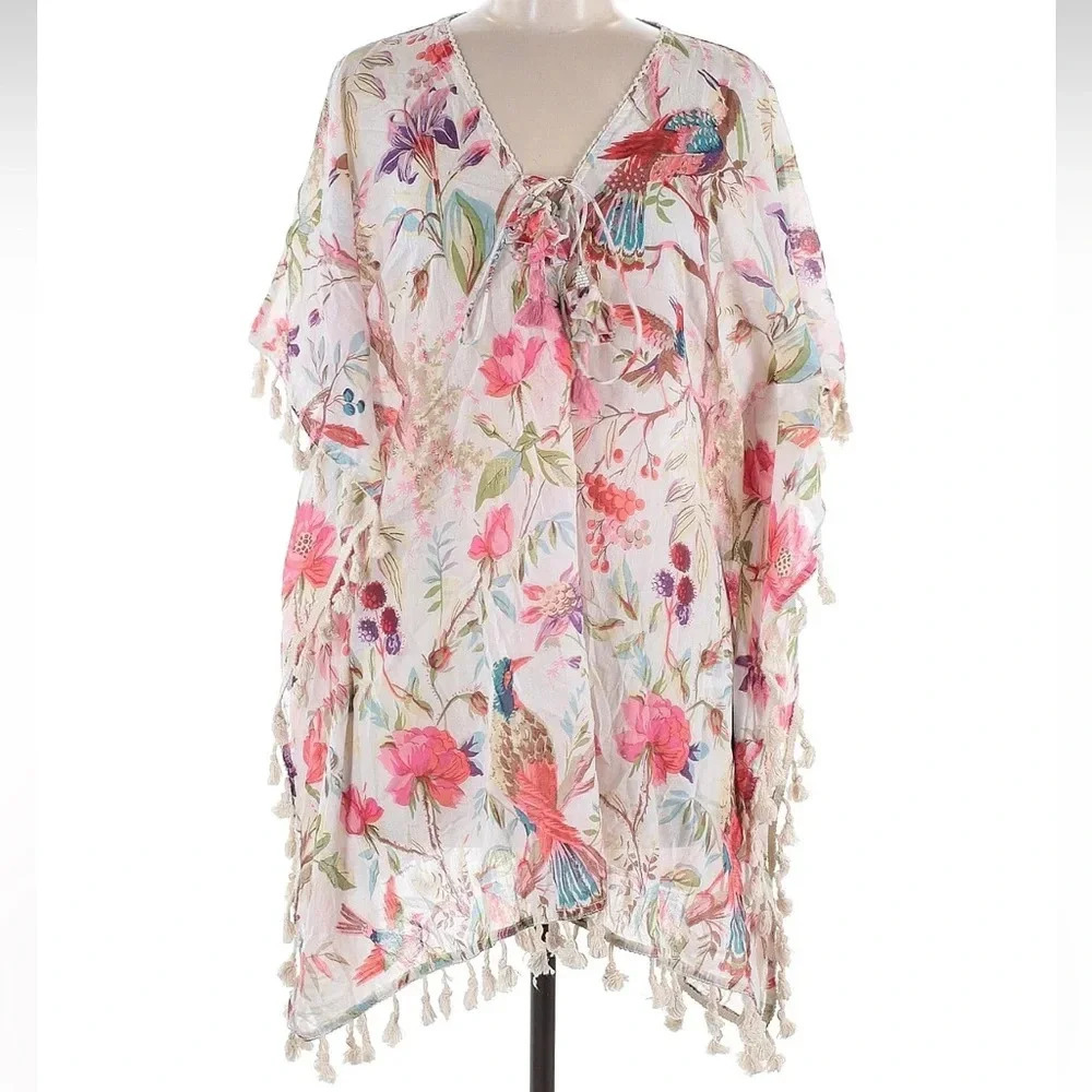 Z & L Beach Tropical Floral Bird Tassel Fringe Kimono Swim Cover Up Size M L NWT